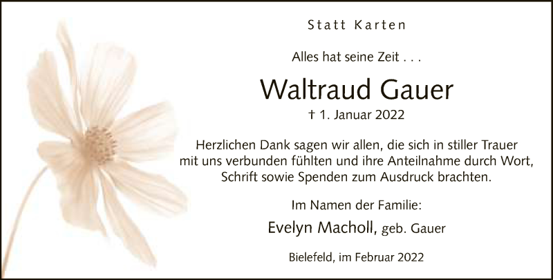  Traueranzeige für Waltraud Gauer vom 12.02.2022 aus Neue Westfälische
