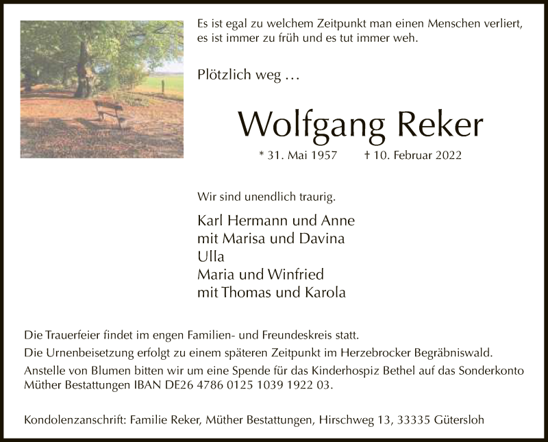  Traueranzeige für Wolfgang Reker vom 19.02.2022 aus Neue Westfälische