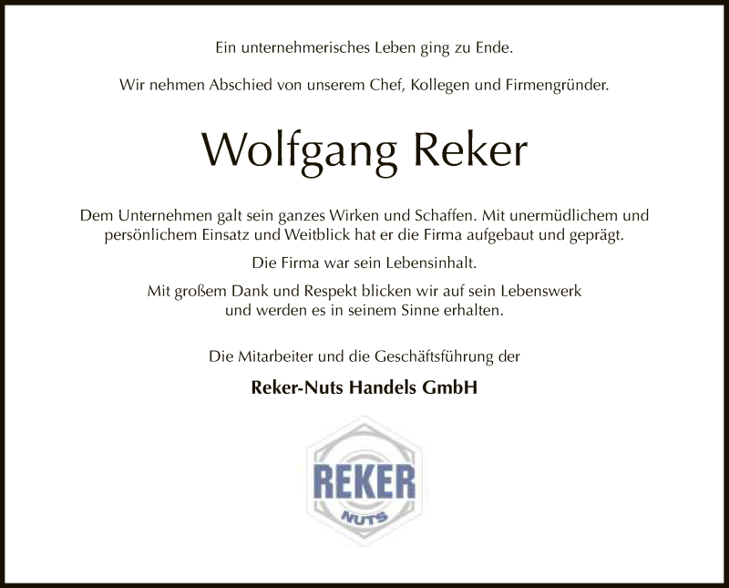  Traueranzeige für Wolfgang Reker vom 19.02.2022 aus Neue Westfälische