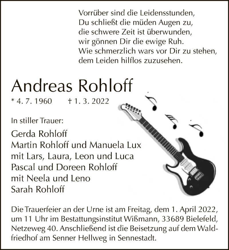  Traueranzeige für Andreas Rohloff vom 19.03.2022 aus Neue Westfälische