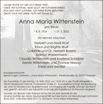 Traueranzeige von Anna Maria Wittenstein von Neue Westfälische