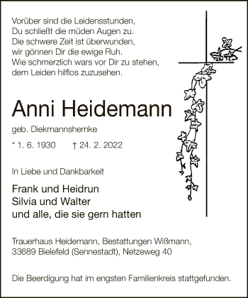 Traueranzeige von Anni Heidemann von Neue Westfälische