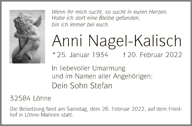  Traueranzeige für Anni Nagel-Kalisch vom 28.02.2022 aus Neue Westfälische