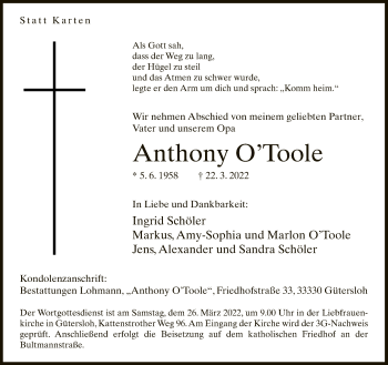 Traueranzeige von Anthony O’Toole von Neue Westfälische