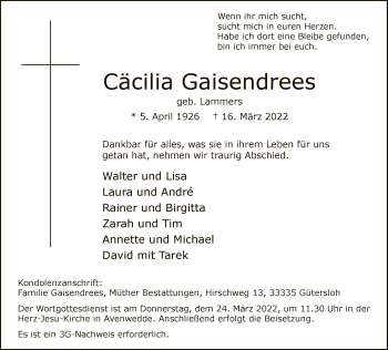 Traueranzeige von Cäcilia Gaisendrees von Neue Westfälische