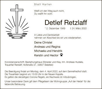 Traueranzeige von Detlef Retzlaff von Neue Westfälische