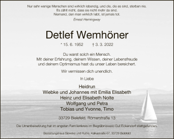 Traueranzeige von Detlef Wemhöner von Neue Westfälische