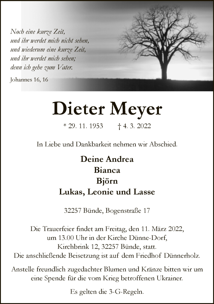  Traueranzeige für Dieter Meyer vom 09.03.2022 aus Neue Westfälische