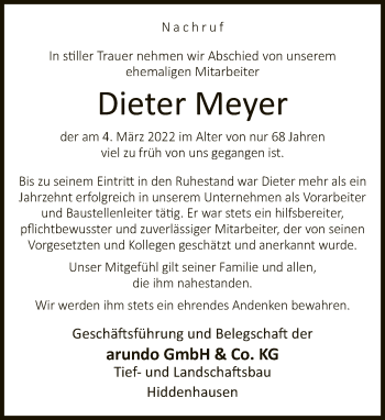 Traueranzeige von Dieter Meyer von Neue Westfälische