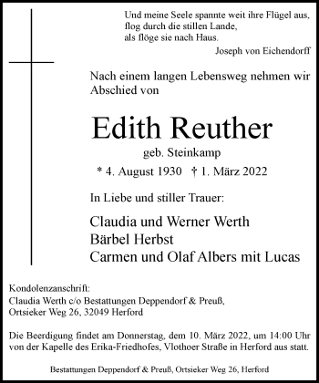Traueranzeige von Edith Reuther von Neue Westfälische