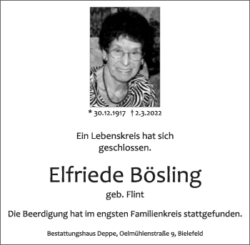 Traueranzeige von Elfriede Bösling von Neue Westfälische