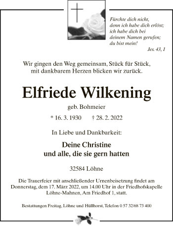 Traueranzeige von Elfriede Wilkening von Neue Westfälische