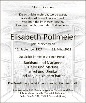 Traueranzeige von Elisabeth Pollmeier von Neue Westfälische