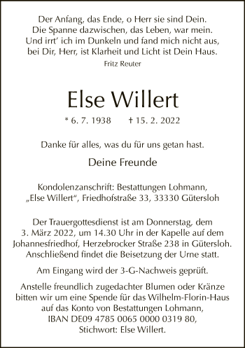 Traueranzeige von Else Willert von Neue Westfälische