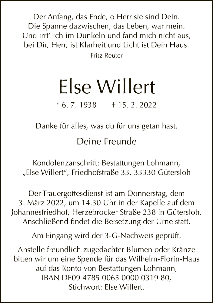  Traueranzeige für Else Willert vom 02.03.2022 aus Neue Westfälische