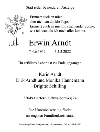 Traueranzeige von Erwin Arndt von Neue Westfälische
