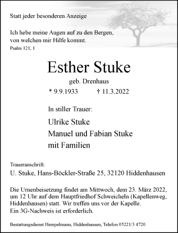 Traueranzeige von Esther Stuke von Neue Westfälische