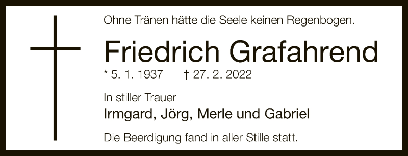  Traueranzeige für Friedrich Grafahrend vom 12.03.2022 aus Neue Westfälische
