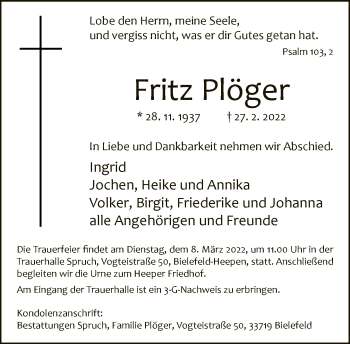 Traueranzeige von Fritz Plöger von Neue Westfälische