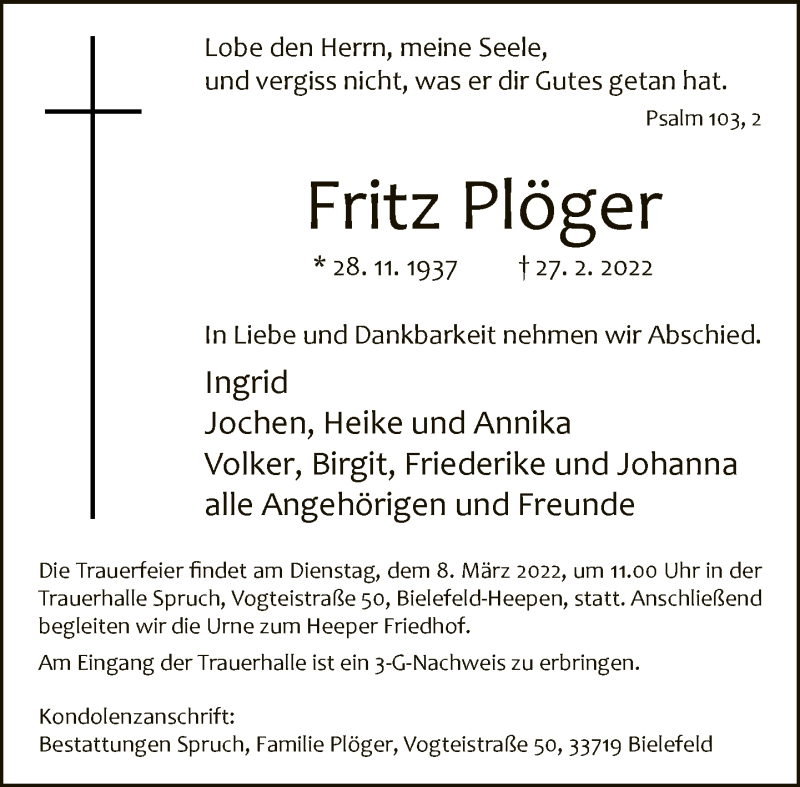  Traueranzeige für Fritz Plöger vom 05.03.2022 aus Neue Westfälische