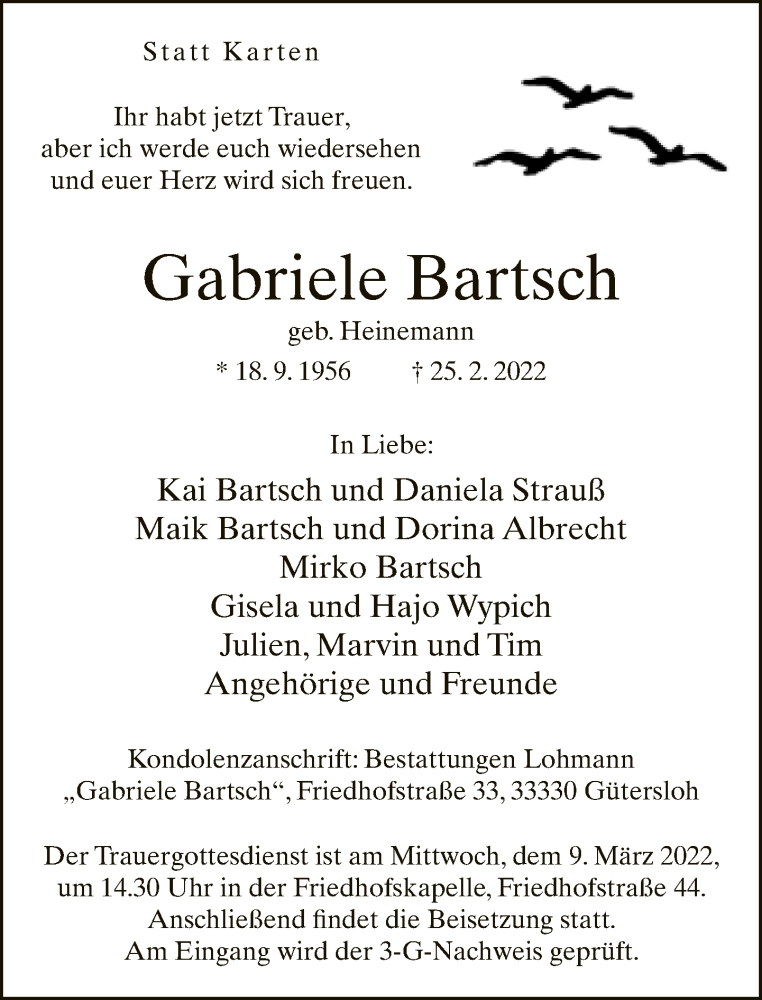  Traueranzeige für Gabriele Bartsch vom 03.03.2022 aus Neue Westfälische