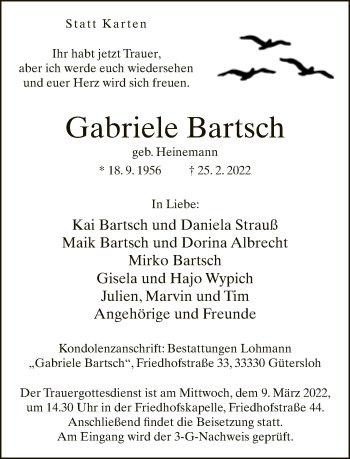 Traueranzeige von Gabriele Bartsch von Neue Westfälische