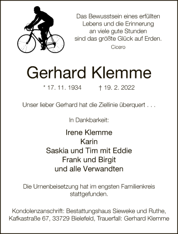 Traueranzeige von Gerhard Klemme von Neue Westfälische