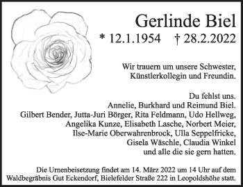 Traueranzeige von Gerlinde Biel von Neue Westfälische