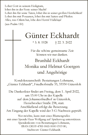 Traueranzeige von Günter Eckhardt von Neue Westfälische