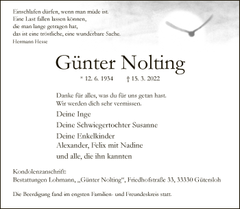 Traueranzeige von Günter Nolting von Neue Westfälische