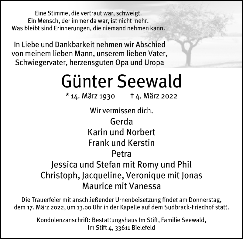  Traueranzeige für Günter Seewald vom 12.03.2022 aus Neue Westfälische
