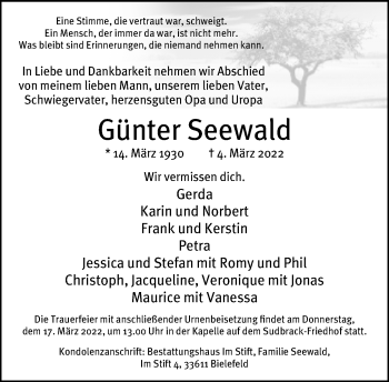 Traueranzeige von Günter Seewald von Neue Westfälische