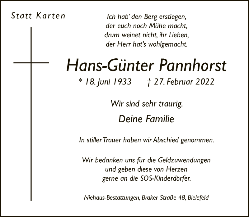  Traueranzeige für Hans-Günter Pannhorst vom 12.03.2022 aus Neue Westfälische