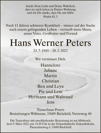 Traueranzeige von Hans Werner Peters von Neue Westfälische