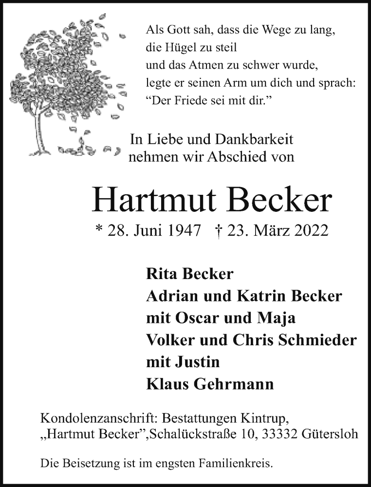  Traueranzeige für Hartmut Becker vom 30.03.2022 aus Neue Westfälische