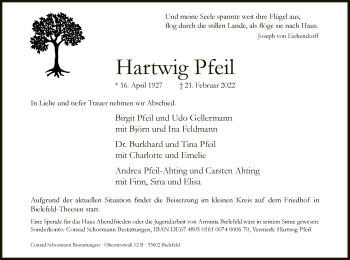 Traueranzeige von Hartwig Pfeil von Neue Westfälische