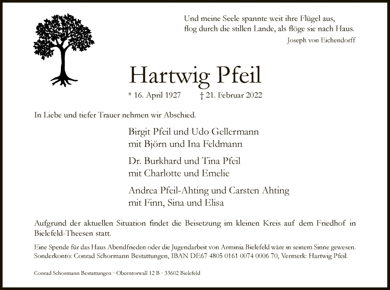  Traueranzeige für Hartwig Pfeil vom 05.03.2022 aus Neue Westfälische