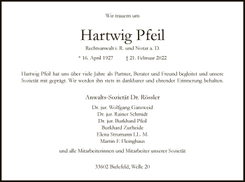 Traueranzeige von Hartwig Pfeil von Neue Westfälische