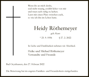 Traueranzeige von Heidy Röthemeyer von Neue Westfälische