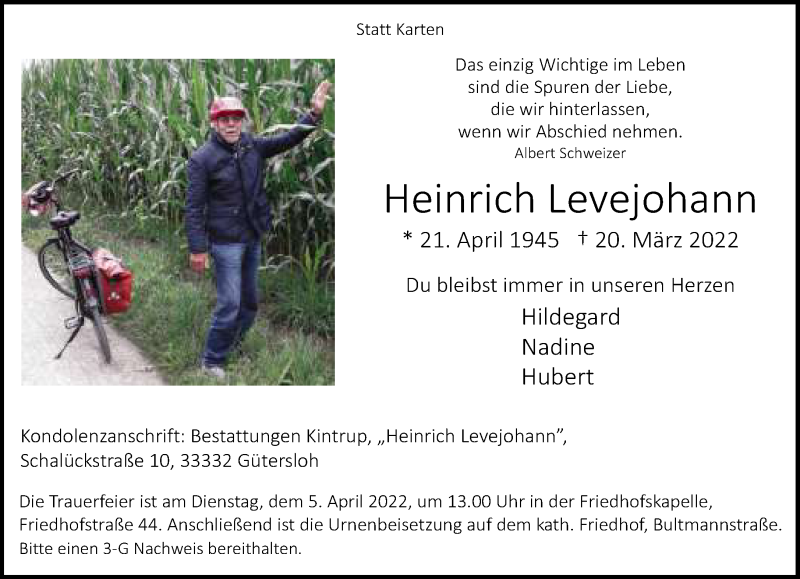  Traueranzeige für Heinrich Levejohann vom 29.03.2022 aus Neue Westfälische