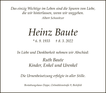 Traueranzeige von Heinz Baute von Neue Westfälische