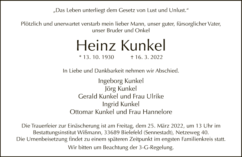 Traueranzeige für Heinz Kunkel vom 19.03.2022 aus Neue Westfälische
