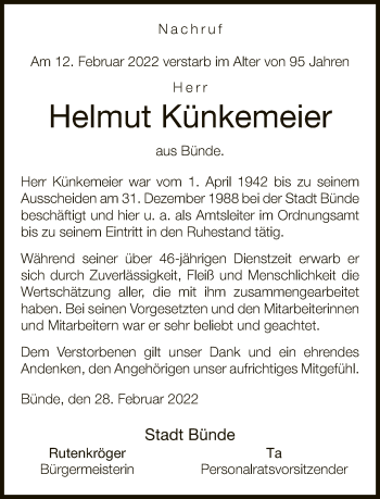 Traueranzeige von Helmut Künkemeier von Neue Westfälische