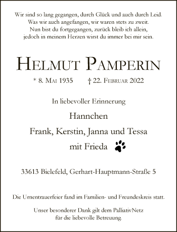 Traueranzeige von Helmut Pamperin von Neue Westfälische