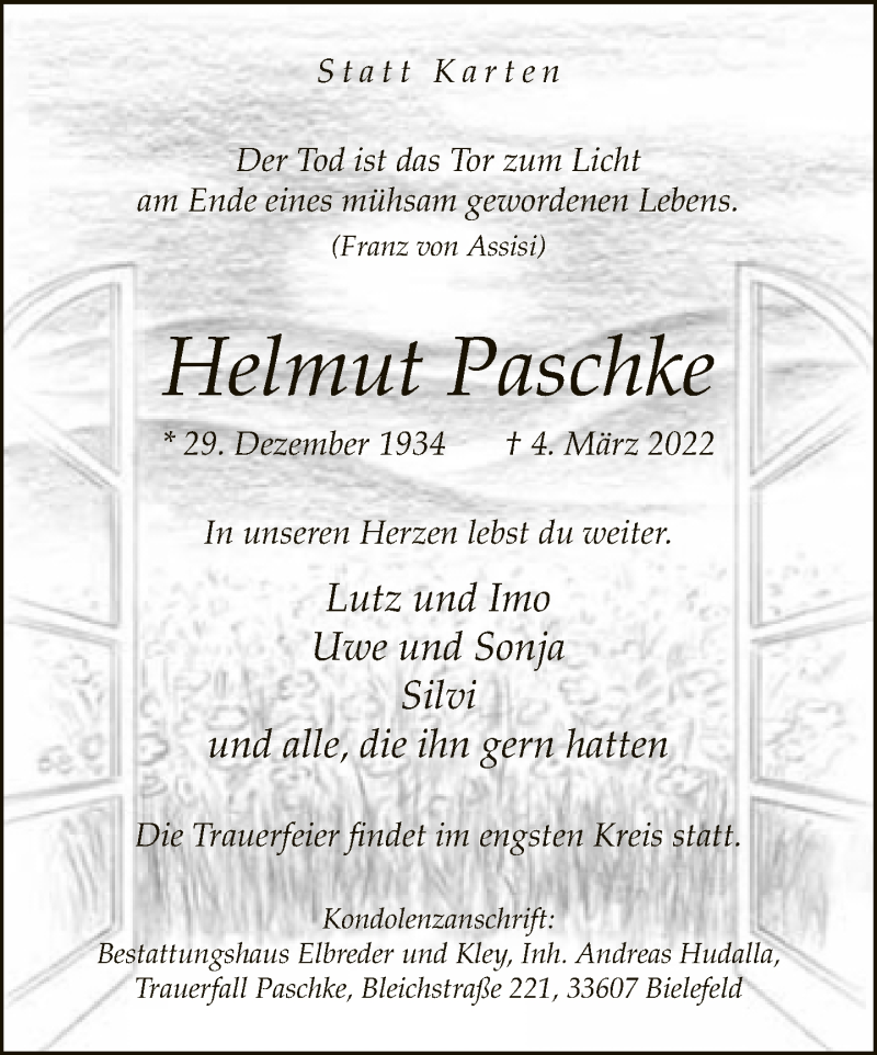  Traueranzeige für Helmut Paschke vom 12.03.2022 aus Neue Westfälische