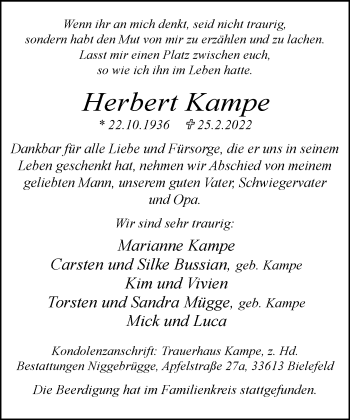 Traueranzeige von Herbert Kampe von Neue Westfälische