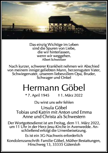 Traueranzeige von Hermann Göbel von Neue Westfälische