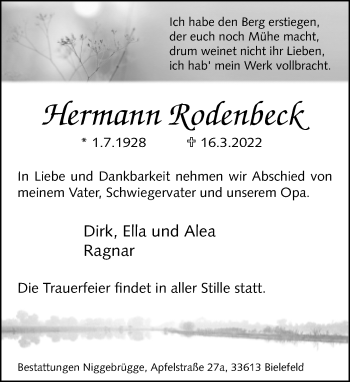 Traueranzeige von Hermann Rodenbeck von Neue Westfälische