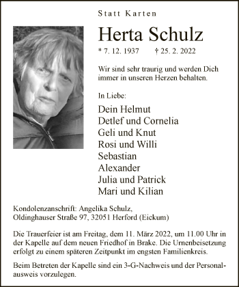 Traueranzeige von Herta Schulz von Neue Westfälische
