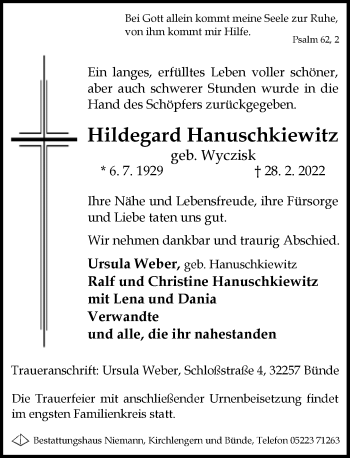 Traueranzeige von Hildegard Hanuschkiewitz von Neue Westfälische
